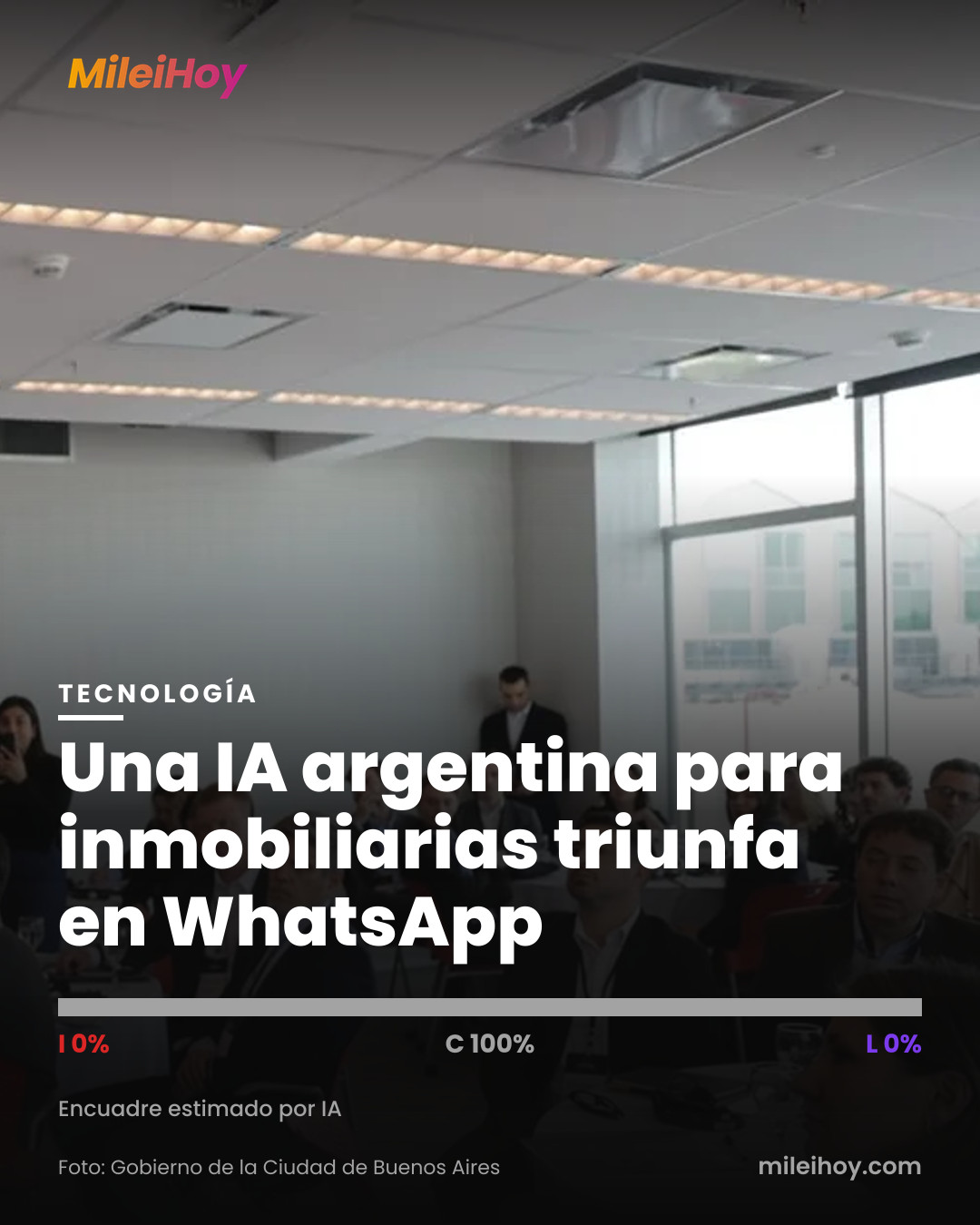 Placa de MileiHoy con la foto de la nota y el título «Una IA argentina para inmobiliarias triunfa en WhatsApp». Foto: Gobierno de la Ciudad de Buenos Aires Encuadre estimado por IA: I 0% · C 100% · L 0%.