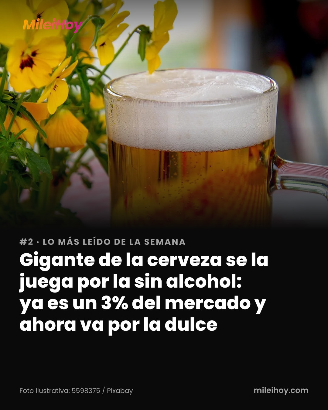 Placa de MileiHoy con la foto de la nota y el título «#2 de la semana: Gigante de la cerveza se la juega por la sin alcohol: ya es un 3% del mercado y ahora va por la dulce». Foto ilustrativa: 5598375 / Pixabay
