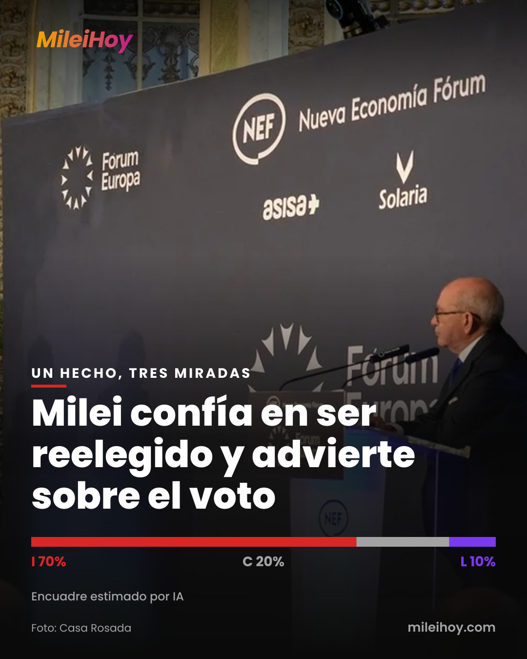 Placa de MileiHoy con la foto de la nota y el título «Milei confía en ser reelegido y advierte sobre el voto». Foto: Casa Rosada