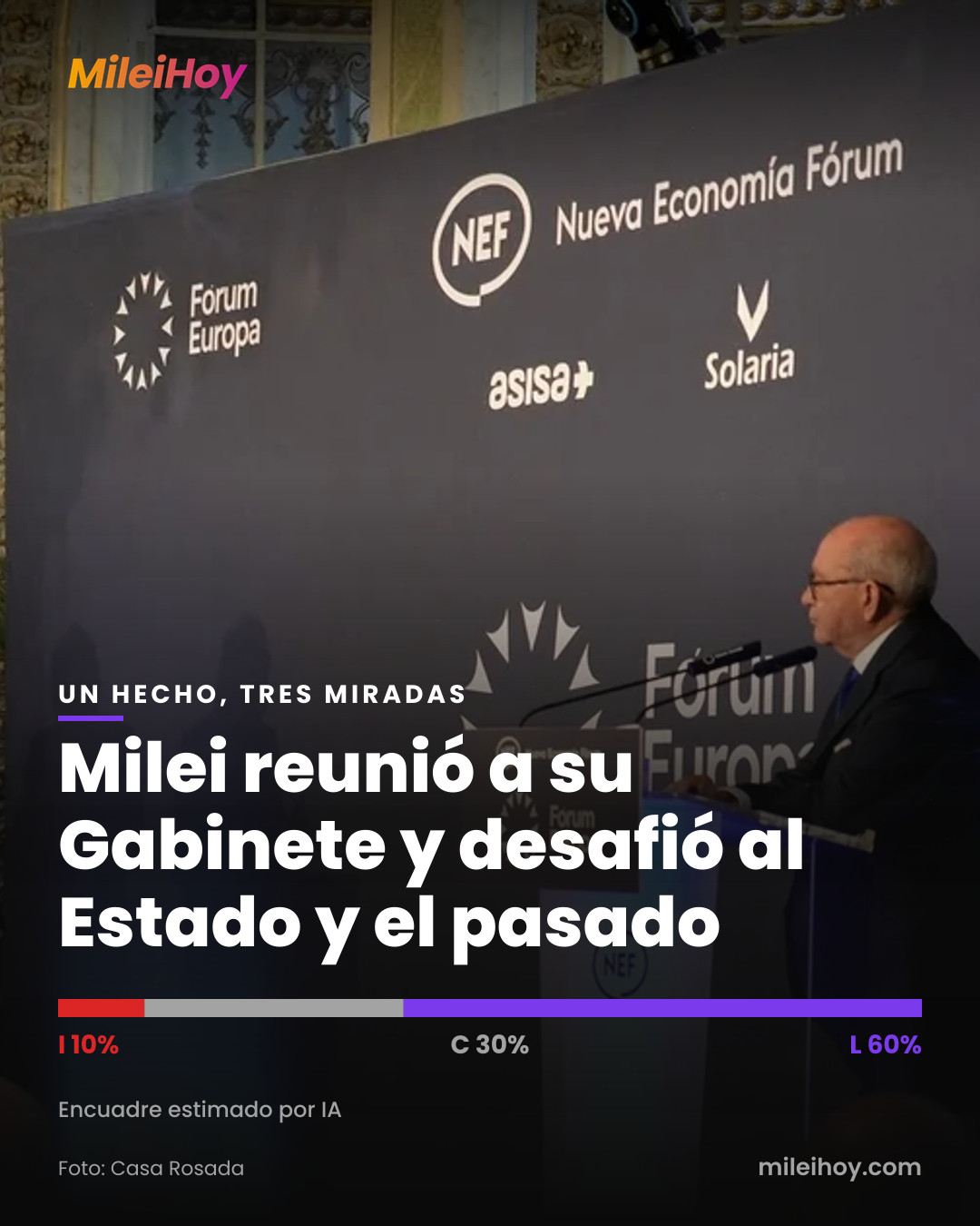 Placa de MileiHoy con la foto de la nota y el título «Milei reunió a su Gabinete y desafió al Estado y el pasado». Foto: Casa Rosada