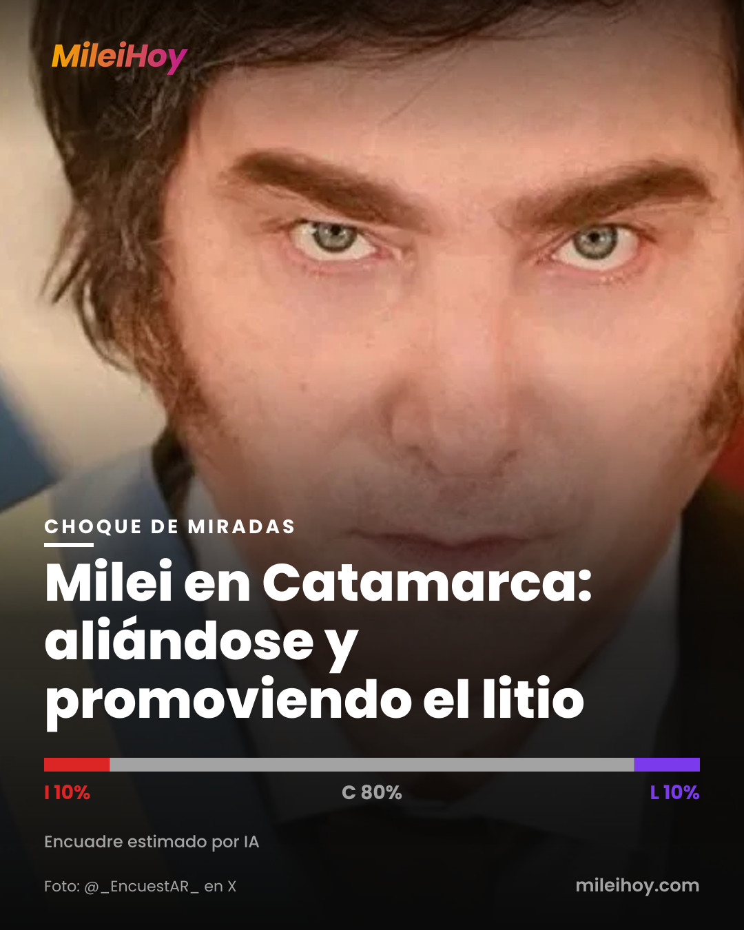 Placa de MileiHoy con la foto de la nota y el título «Milei en Catamarca: aliándose y promoviendo el litio». Foto: @_EncuestAR_ en X