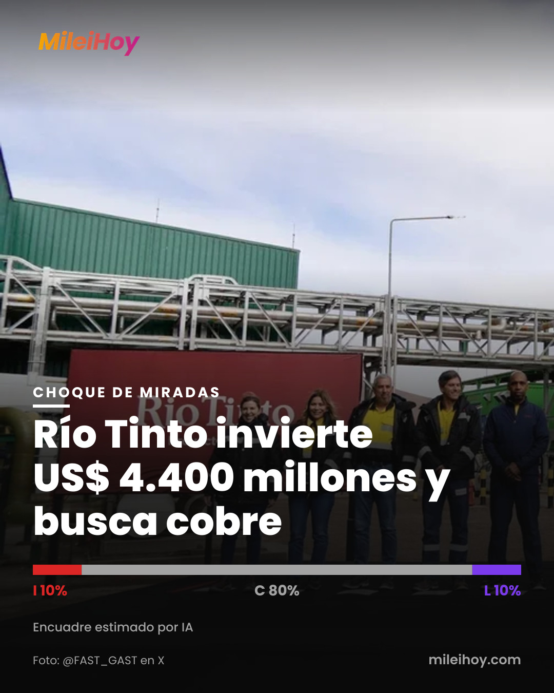 Placa de MileiHoy con la foto de la nota y el título «Río Tinto invierte US$ 4.400 millones y busca cobre». Foto: @FAST_GAST en X