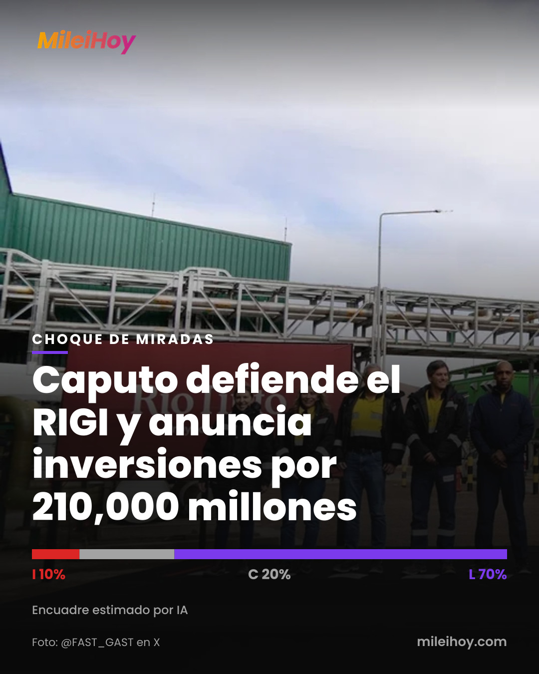 Placa de MileiHoy con la foto de la nota y el título «Caputo defiende el RIGI y anuncia inversiones por 210,000 millones». Foto: @FAST_GAST en X